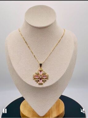 Jerusalem Cross with Pink Pendant. 18 Karat Gold Plated.